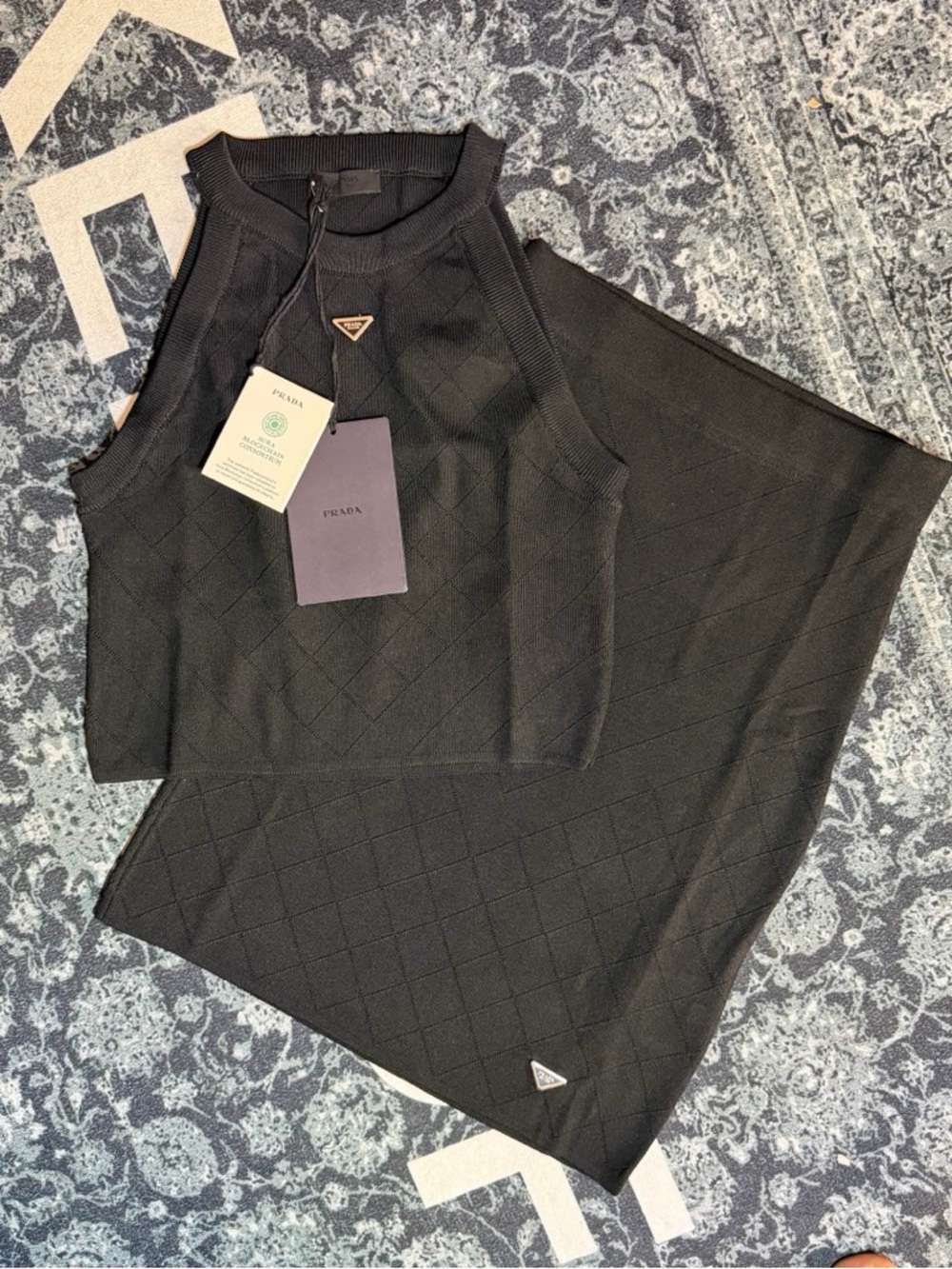 Prada Black Quilted Knit Tank & Skirt Set with Gold Logo Pin